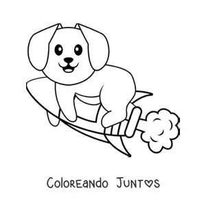 Imagen para colorear de un perro animado sobre un cohete en vuelo