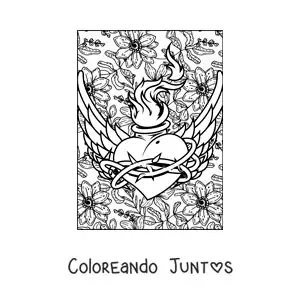 Imagen para colorear de corazón en llamas con alas