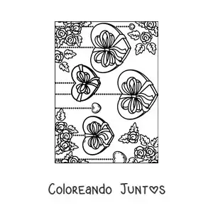 Imagen para colorear de corazones colgantes decorados con flores