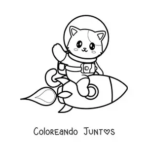 Imagen para colorear de un gato animado con traje espacial sobre un cohete