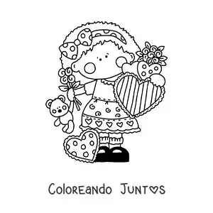 Imagen para colorear de niña con rosas y corazones de san valentín