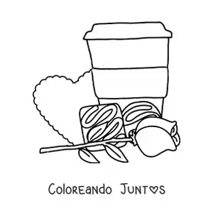 Vaso de café con bombones, una rosa y un corazón