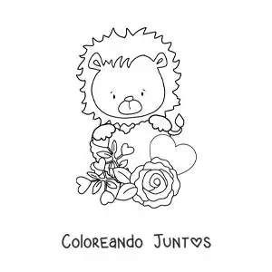 Imagen para colorear de león animado con rosas y corazones de san valentín