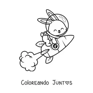 Imagen para colorear de un conejo animado en un cohete de zanahoria