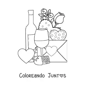 Imagen para colorear de botella de vino con corazones, rosas y una carta de amor