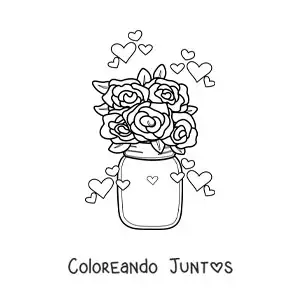 Imagen para colorear de ramo de rosas en un florero con corazones