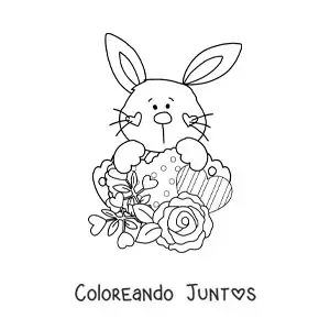 Imagen para colorear de lindo conejito animado con rosas y corazones