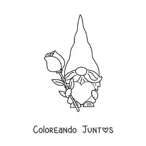 Imagen para colorear de gnomo animado con una rosa y un corazón