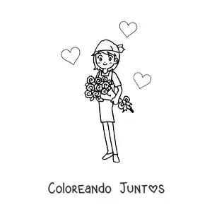 Imagen para colorear de chica con un ramo de rosas y corazones alrededor
