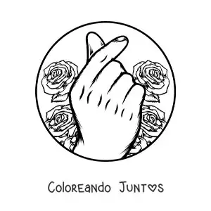 Imagen para colorear de mano haciendo el gesto de corazón coreano con rosas