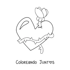 Imagen para colorear de corazón rodeado de una rosa con espinas