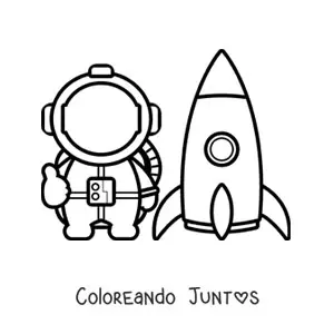 Imagen para colorear de un astronauta animado junto a un cohete espacial