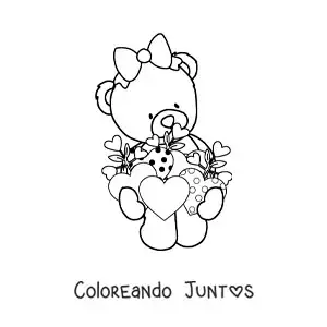 Imagen para colorear de osa de peluche animada con corazones de san valentín
