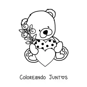 Imagen para colorear de tierno oso de peluche sentado con corazones y una rosa de san valentín