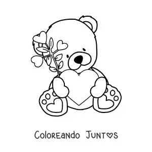 Imagen para colorear de osito de peluche sentado con flores y un corazón