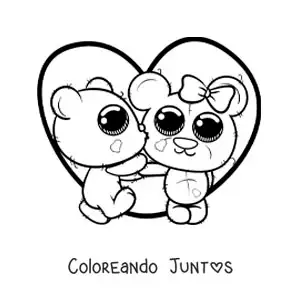 Imagen para colorear de ositos kawaii de peluche enamorados con un corazón grande