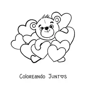 Imagen para colorear de osito rodeado de corazones