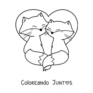 Imagen para colorear de pareja de zorros kawaii enamorados