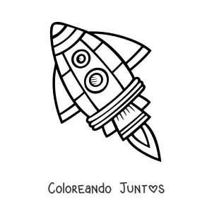 Imagen para colorear de un cohete espacial volando inclinado hacia la izquierda