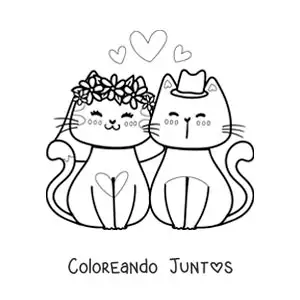 Imagen para colorear de matrimonio de gatitos kawaii con corazones