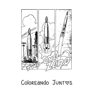 Imagen para colorear de una viñeta con el lanzamiento de un cohete realista
