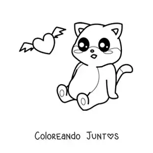 Imagen para colorear de gato kawaii animado sentado con un corazón con alas