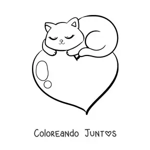 Imagen para colorear de tierno gatito durmiendo sobre un corazón