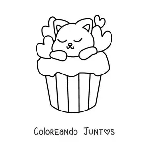 Imagen para colorear de gato tierno durmiendo en un cupcake de corazones