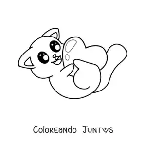 Imagen para colorear de gato kawaii jugando con un corazón