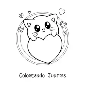 Imagen para colorear de tierno gato kawaii con corazones de san valentín