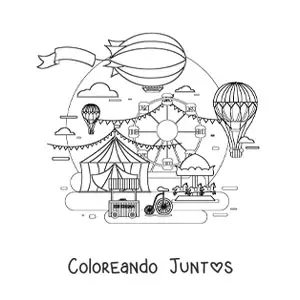 Imagen para colorear de varios globos aerostáticos volando sobre una feria