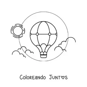 Imagen para colorear de un globo aerostático en el cielo frente al sol