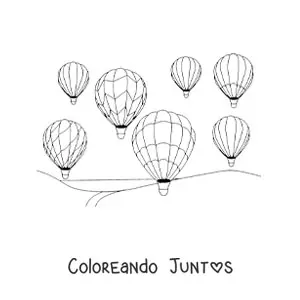 Imagen para colorear de varios globos aerostáticos en el aire sobre un paisaje