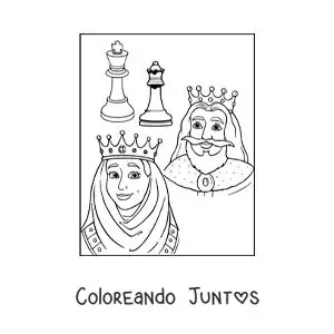 Imagen para colorear de pieza de la reina y el rey del ajedrez con reyes animados