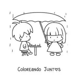 Imagen para colorear de dos niños kawaii animados jugando ajedrez bajo la lluvia