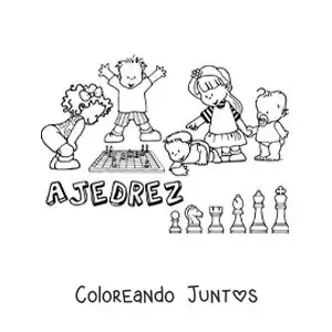 Imagen para colorear de niños jugando ajedrez y la palabra ajedrez