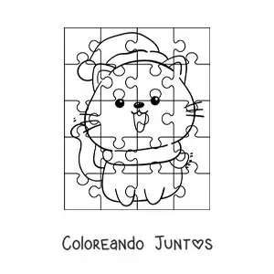 Imagen para colorear de rompecabezas navideño de un gato animado con un gorro