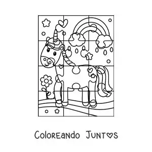 Imagen para colorear de rompecabezas recortable de un unicornio animado con arcoíris