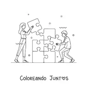 Imagen para colorear de chicos armando un puzzle