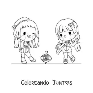 Imagen para colorear de niñas jugando con un trompo