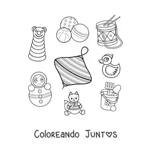 Imagen para colorear de un trompo y otros juguetes tradicionales