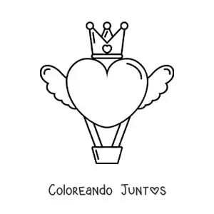 Imagen para colorear de un globo aerostático con forma de corazón alado
