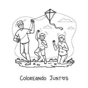 Imagen para colorear de niños volando un cometa con su papá en el parque