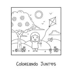 Imagen para colorear de niña volando un papalote en el parque