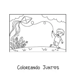 Imagen para colorear de niño volando un cometa de papel en el parque