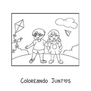 Imagen para colorear de dos niños animados en el parque volando cometas