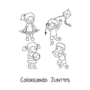Imagen para colorear de un niño volando un cometa junto a otros niños jugando