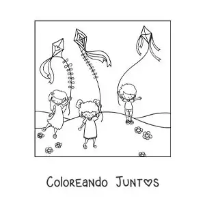 Imagen para colorear de niños volando cometas de papel en el parque