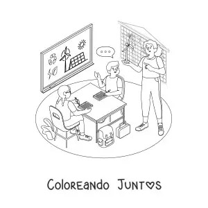 Imagen para colorear de una maestra y dos alumnos en un aula en clase