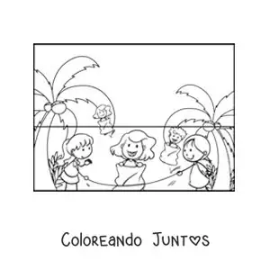 Imagen para colorear de niñas jugando a saltar la cuerda en un saco en la playa